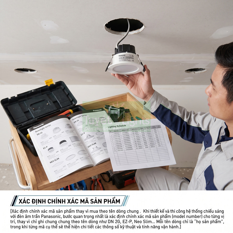 Kỹ thuật viên lắp đặt đèn âm trần Panasonic, đối chiếu mã sản phẩm trong catalog trên công trình