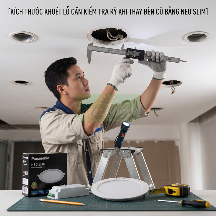 Kỹ thuật viên đo trần để lắp đèn âm trần Panasonic Neo Slim cùng hộp sản phẩm và phụ kiện