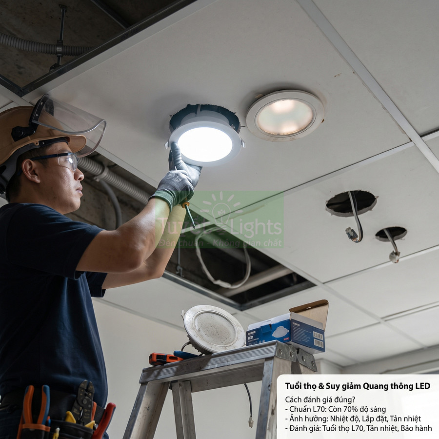 Thợ điện lắp đặt đèn LED âm trần trên trần thạch cao trong công trình nội thất