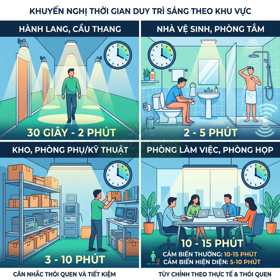 Infographic hướng dẫn thời gian duy trì sáng đèn cảm biến cho hành lang, nhà vệ sinh, kho và phòng làm việc
