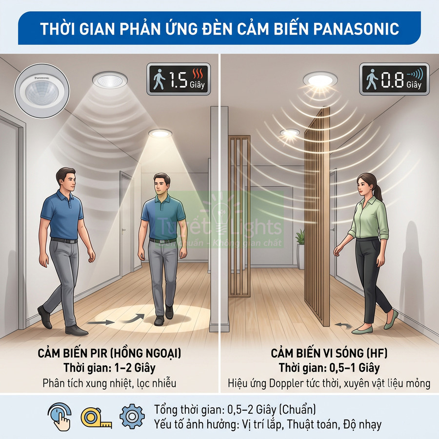 Đèn cảm biến Panasonic PIR và vi sóng HF trên trần nhà, minh họa thời gian phản ứng khi có người di chuyển