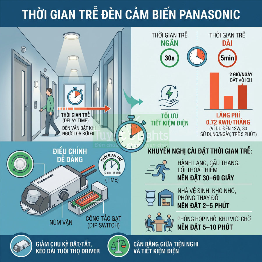 Infographic hướng dẫn cài đặt thời gian trễ cho đèn cảm biến Panasonic để tối ưu tiết kiệm điện