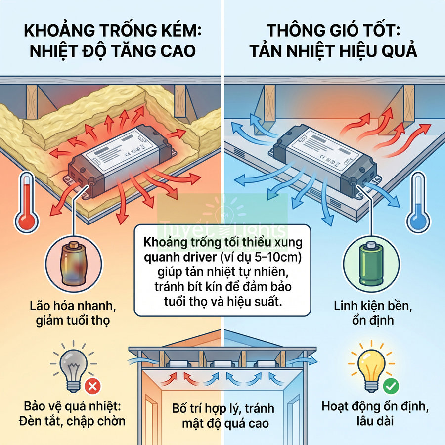 Minh họa driver đèn LED với hai cách bố trí tản nhiệt, so sánh khoảng trống kém và thông gió tốt