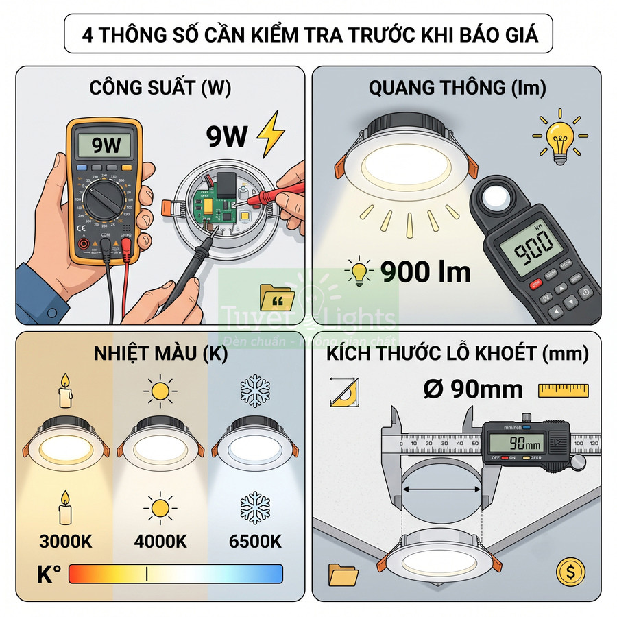 Hướng dẫn kiểm tra công suất, quang thông, nhiệt màu và kích thước lỗ khoét cho đèn led âm trần
