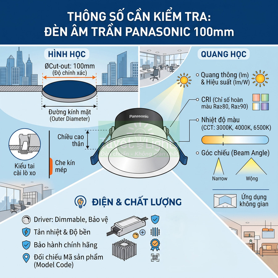 Thông số và cấu tạo đèn âm trần Panasonic 100mm, minh họa kích thước, quang học và chất lượng sản phẩm
