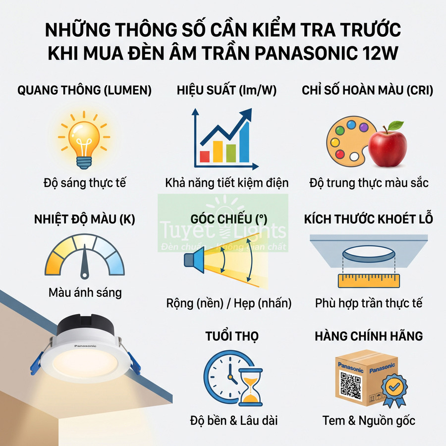 Các thông số cần kiểm tra khi mua đèn âm trần Panasonic 12W và hình minh họa sản phẩm