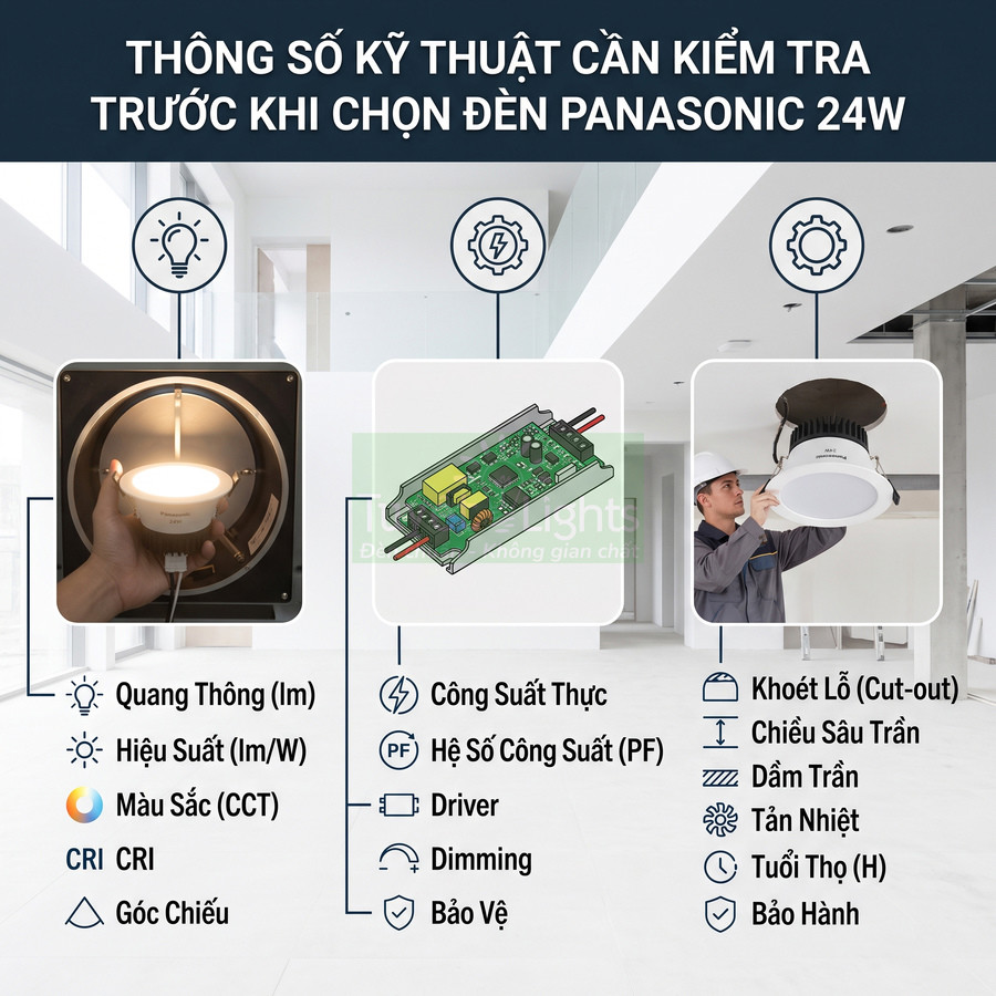 Thông số kỹ thuật cần kiểm tra khi chọn đèn âm trần Panasonic 24W cho không gian nội thất