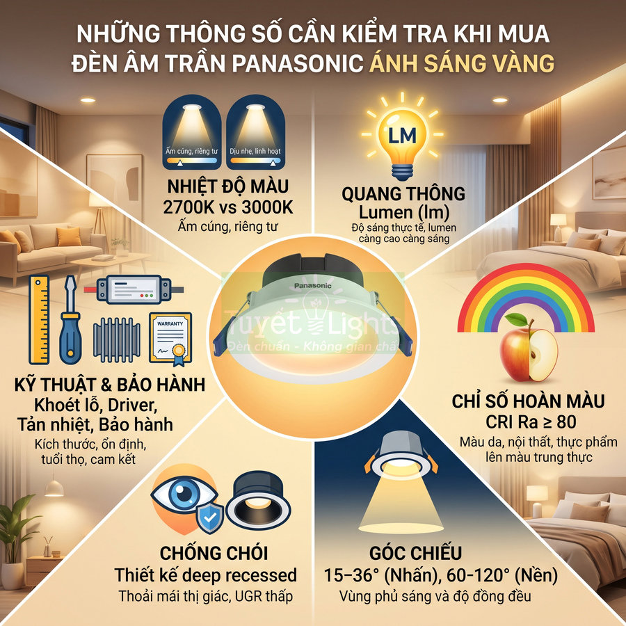 Infographic hướng dẫn chọn đèn âm trần Panasonic ánh sáng vàng với các thông số kỹ thuật quan trọng
