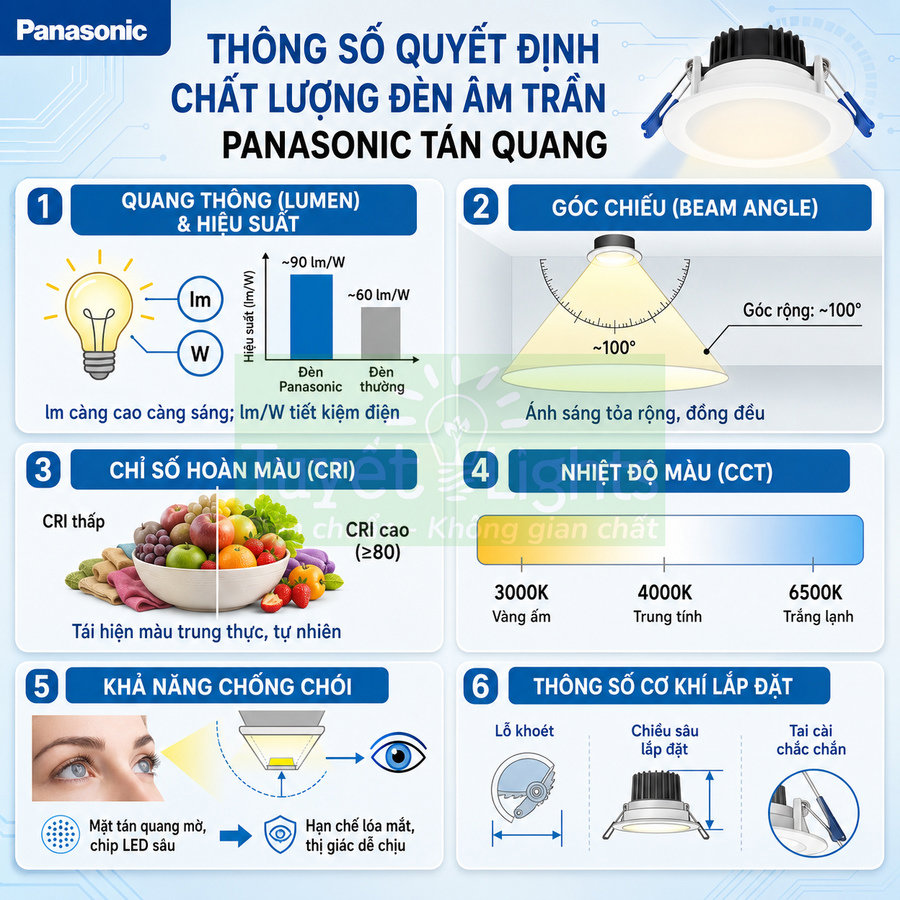 Thông số chất lượng đèn âm trần Panasonic tán quang về quang thông, góc chiếu, CRI, nhiệt độ màu và chống chói