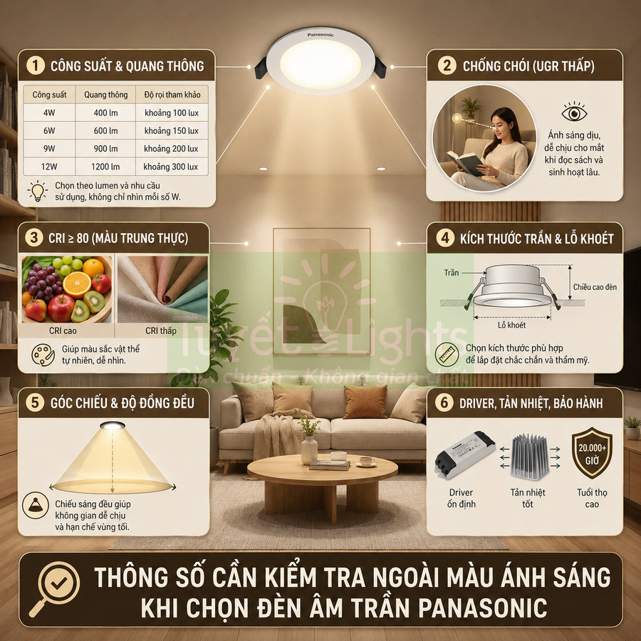 Đèn âm trần Panasonic chiếu sáng phòng khách hiện đại kèm bảng thông số kỹ thuật và ưu điểm sản phẩm