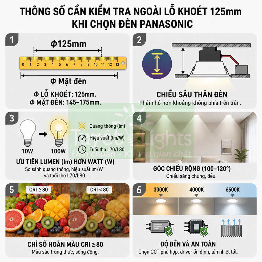 Hướng dẫn chọn đèn âm trần Panasonic lỗ khoét 125mm với thông số kích thước, lumen, CRI, góc chiếu và nhiệt độ màu