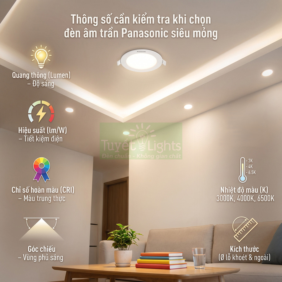 Đèn âm trần Panasonic siêu mỏng chiếu sáng phòng khách hiện đại với sofa và bàn trà