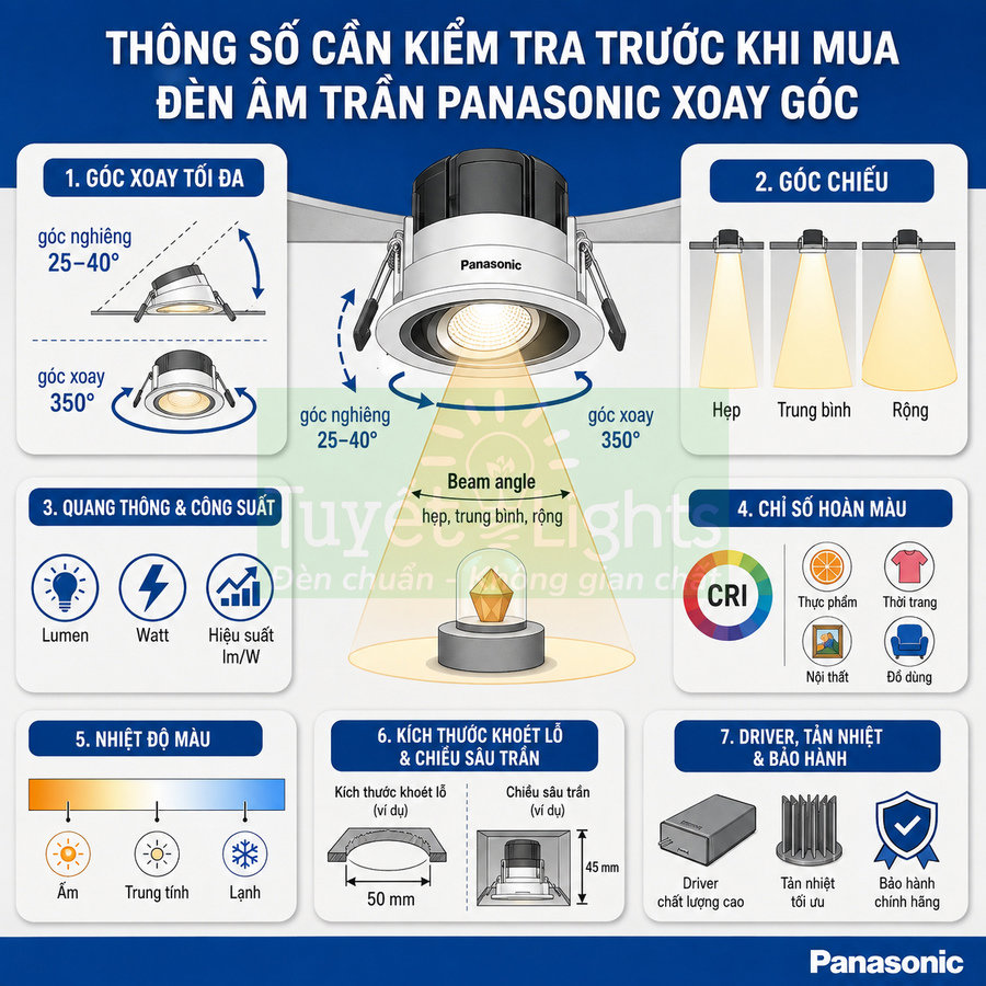 Thông số cần kiểm tra khi mua đèn âm trần xoay góc Panasonic và các tiêu chí lựa chọn chi tiết
