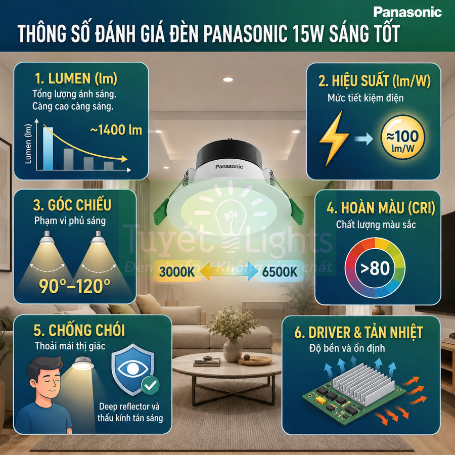 Đèn LED âm trần Panasonic 15W sáng tốt với thông số lumen, hiệu suất, góc chiếu và chống chói