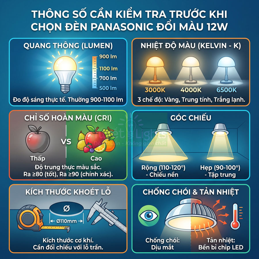 Thông số cần kiểm tra khi chọn đèn LED Panasonic đổi màu 12W về quang thông, CRI, góc chiếu, kích thước và tản nhiệt