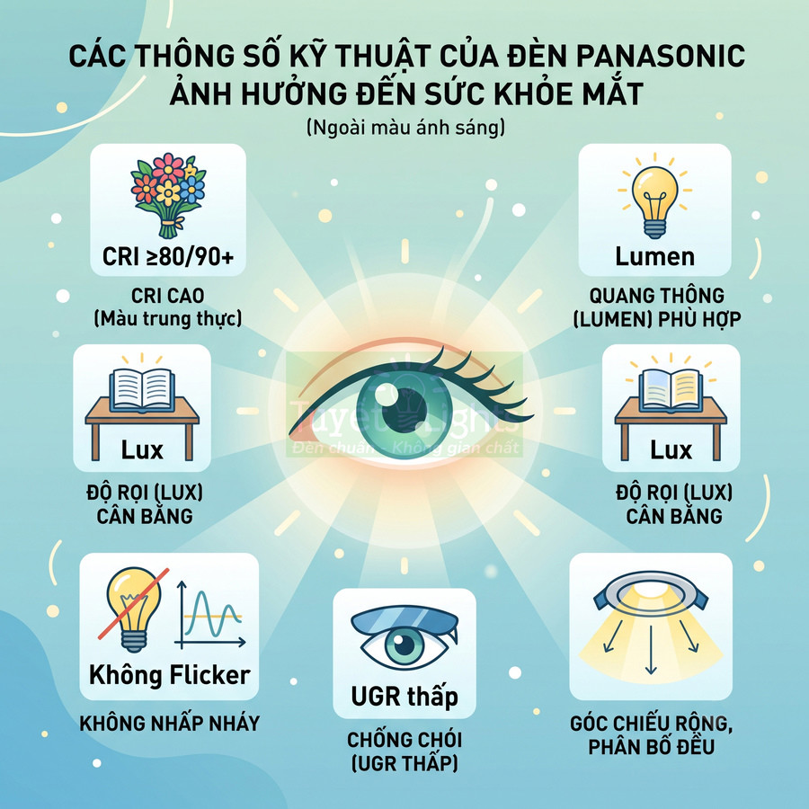 Các thông số kỹ thuật của đèn Panasonic ảnh hưởng sức khỏe mắt như CRI cao, lumen, lux, không nhấp nháy, UGR thấp