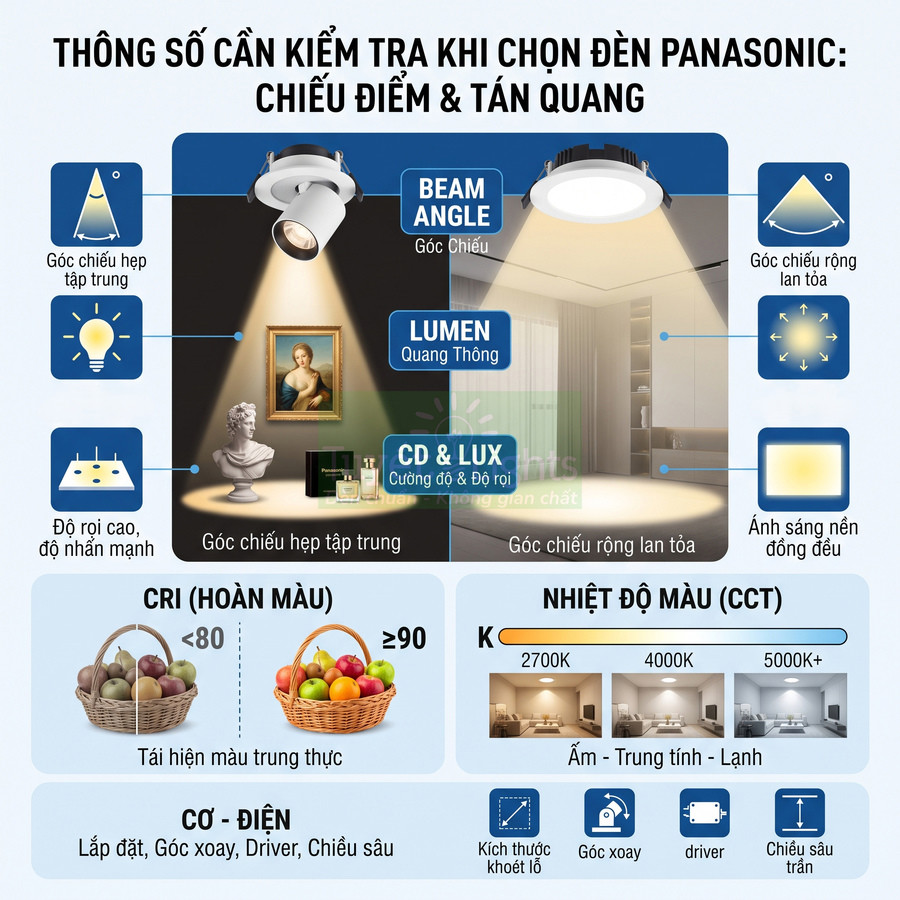 Thông số cần kiểm tra khi chọn đèn chiếu điểm và tán quang Panasonic, minh họa góc chiếu, lumen, CRI, nhiệt độ màu