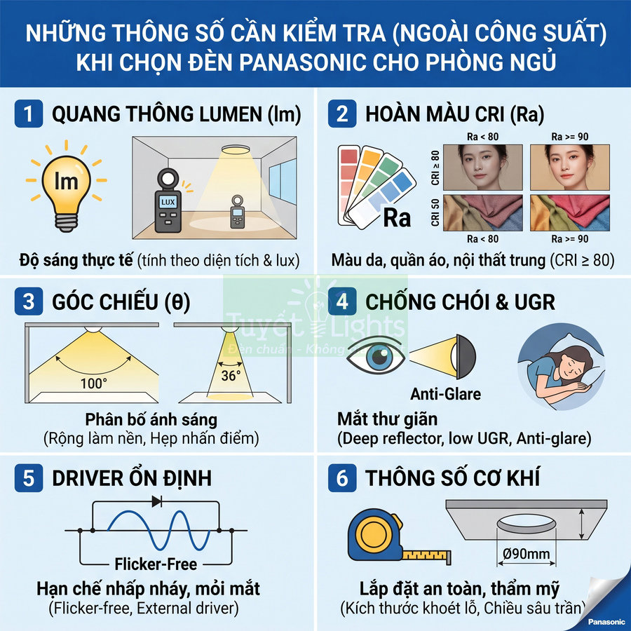 Thông số cần kiểm tra khi chọn đèn Panasonic cho phòng ngủ như quang thông, CRI, góc chiếu, chống chói, driver, kích thước