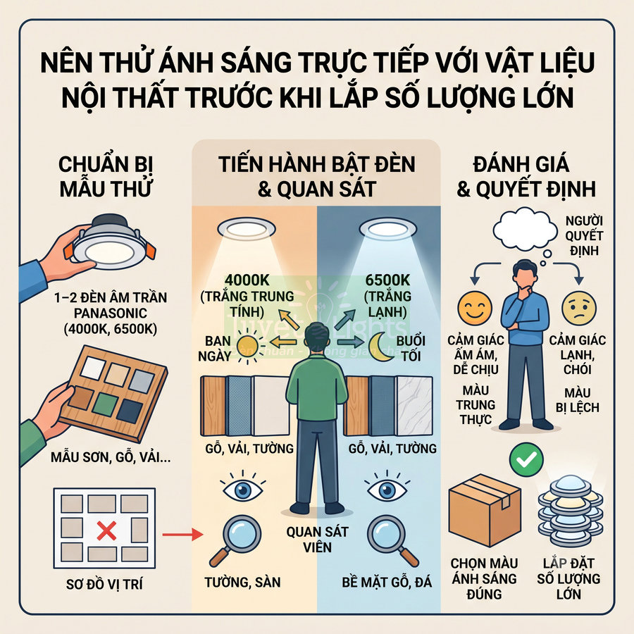 Hướng dẫn thử ánh sáng đèn âm trần Panasonic 4000K và 6500K trên mẫu sơn gỗ vải trước khi lắp đặt nội thất