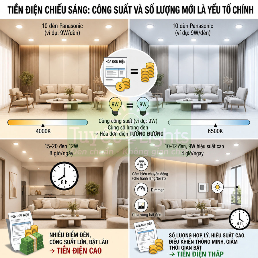 Infographic so sánh tiền điện chiếu sáng với đèn LED âm trần Panasonic 4000K và 6500K trong phòng khách