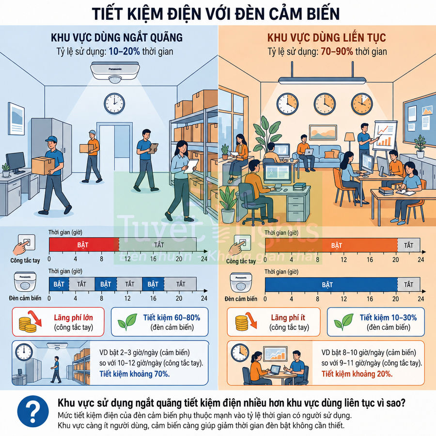 Infographic so sánh tiết kiệm điện khi dùng đèn cảm biến Panasonic cho khu vực dùng ngắt quãng và dùng liên tục