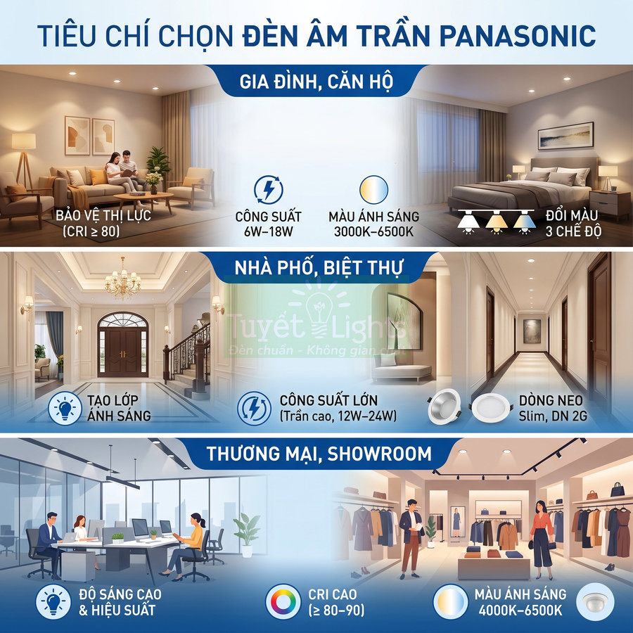 Tiêu chí chọn đèn âm trần Panasonic cho gia đình, nhà phố, biệt thự, thương mại và showroom