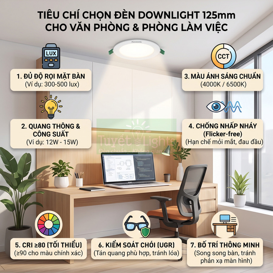 Đèn downlight Panasonic 125mm chiếu sáng bàn làm việc văn phòng hiện đại với máy tính và cây xanh