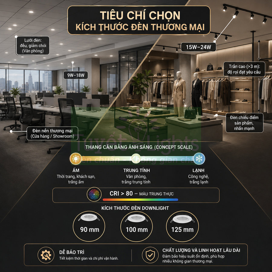 Tiêu chí chọn kích thước đèn downlight thương mại cho văn phòng và cửa hàng showroom