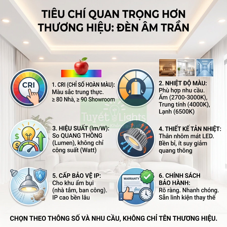 Tiêu chí chọn đèn âm trần Tuyết Lights với CRI, nhiệt độ màu, hiệu suất, tản nhiệt, cấp bảo vệ IP và bảo hành