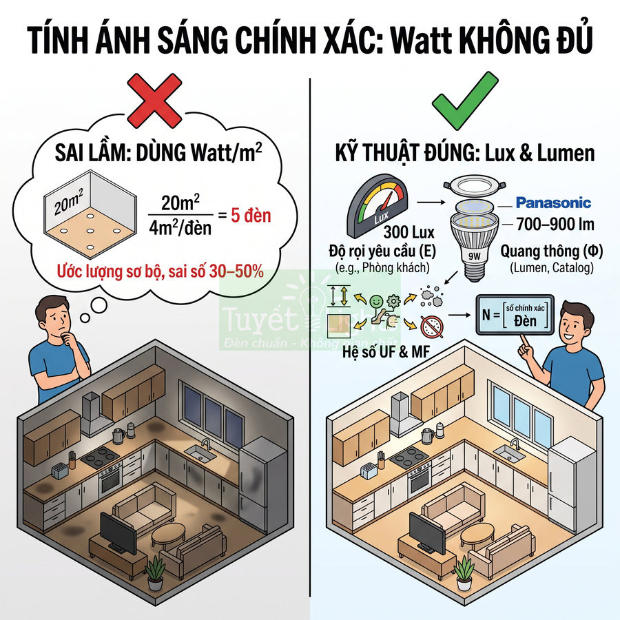 Infographic so sánh cách tính số lượng đèn Panasonic theo Watt và theo Lux Lumen cho phòng khách