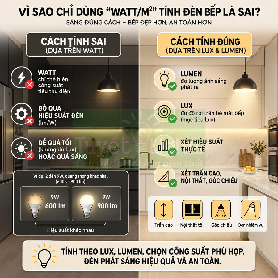 So sánh hai cách tính công suất đèn bếp theo watt và theo lux lumen với hình ảnh minh họa phòng bếp hiện đại
