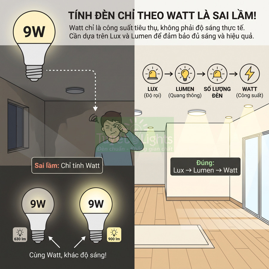 Infographic so sánh hai bóng đèn LED 9W với độ sáng lumen khác nhau và hướng dẫn chọn đèn theo lux lumen watt