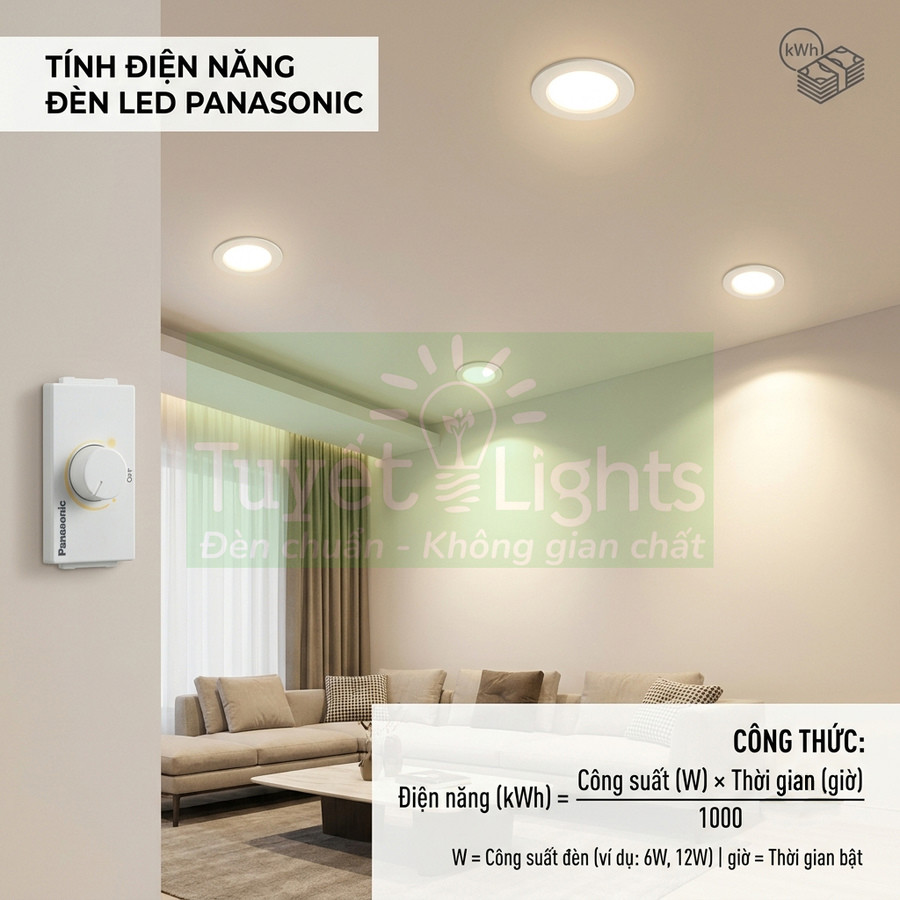 Công tắc điều chỉnh đèn LED Panasonic trong phòng khách hiện đại với nhiều đèn âm trần sáng