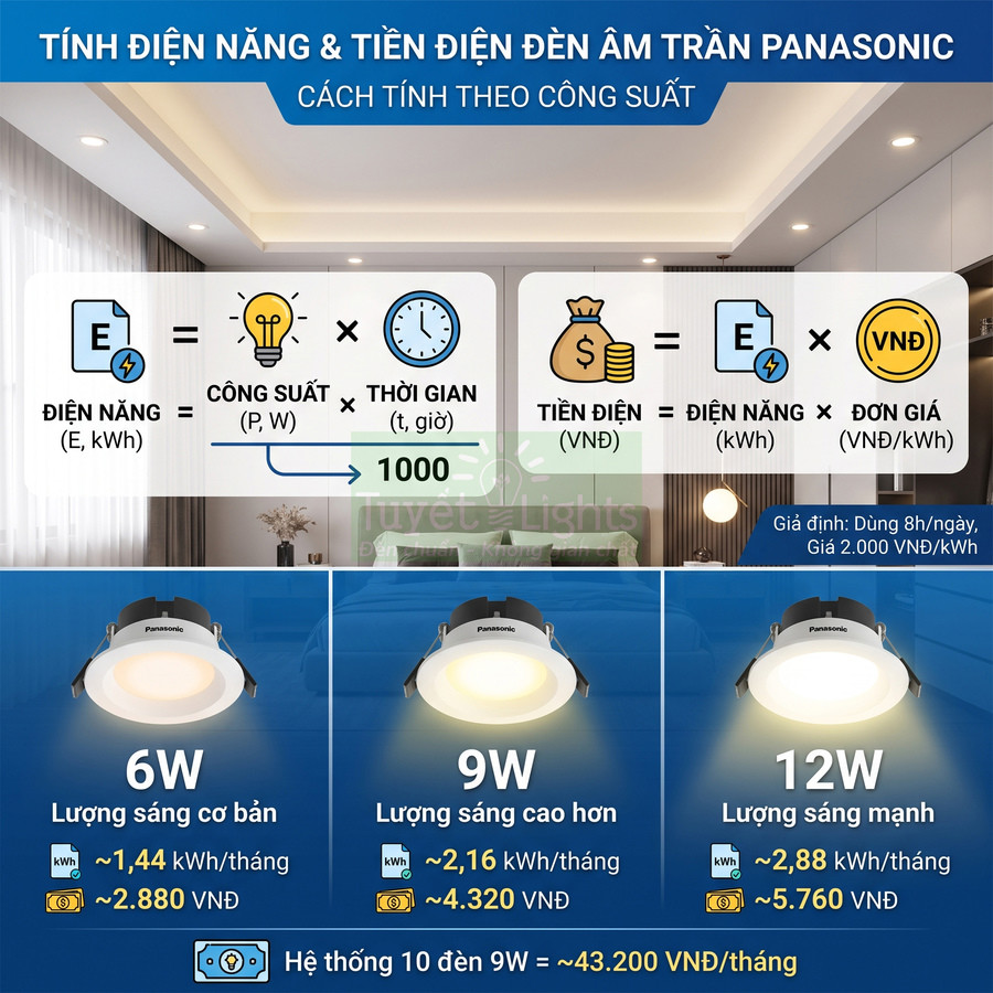 Đèn âm trần Panasonic 6W 9W 12W kèm bảng tính điện năng và chi phí tiền điện hàng tháng
