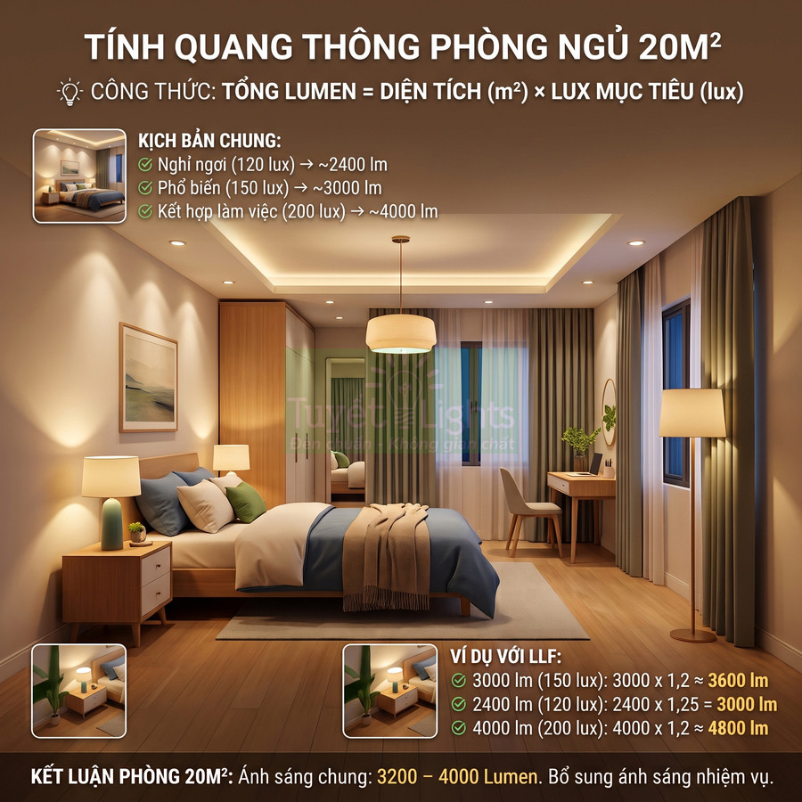 Phòng ngủ 20m2 sử dụng hệ thống đèn LED âm trần, đèn bàn và đèn sàn ánh sáng vàng ấm
