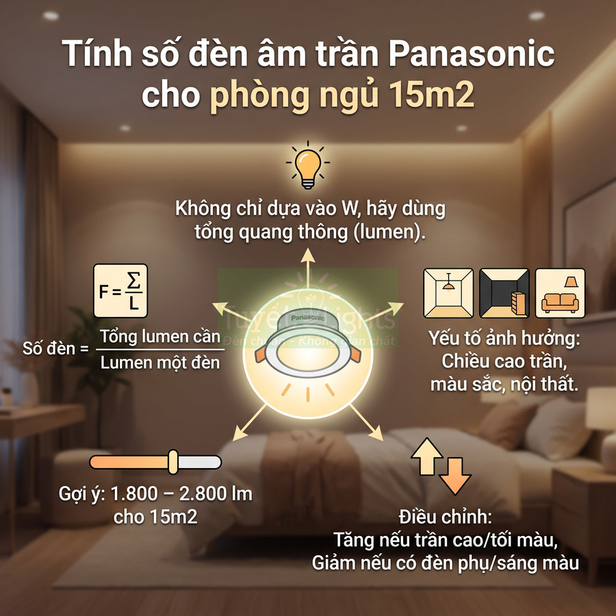 Hướng dẫn tính số đèn âm trần Panasonic cho phòng ngủ 15m2 với tổng quang thông gợi ý 1800 đến 2800 lumen