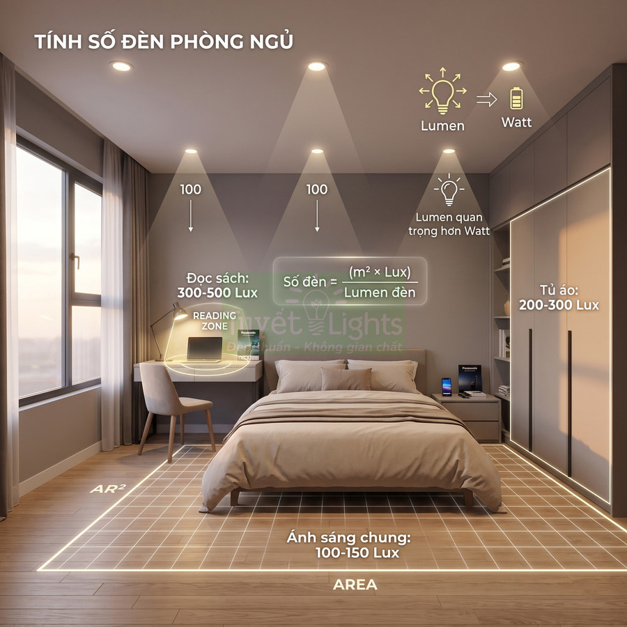 Phòng ngủ hiện đại với hệ thống đèn LED âm trần và đèn hắt tủ áo tối ưu độ sáng theo từng khu vực