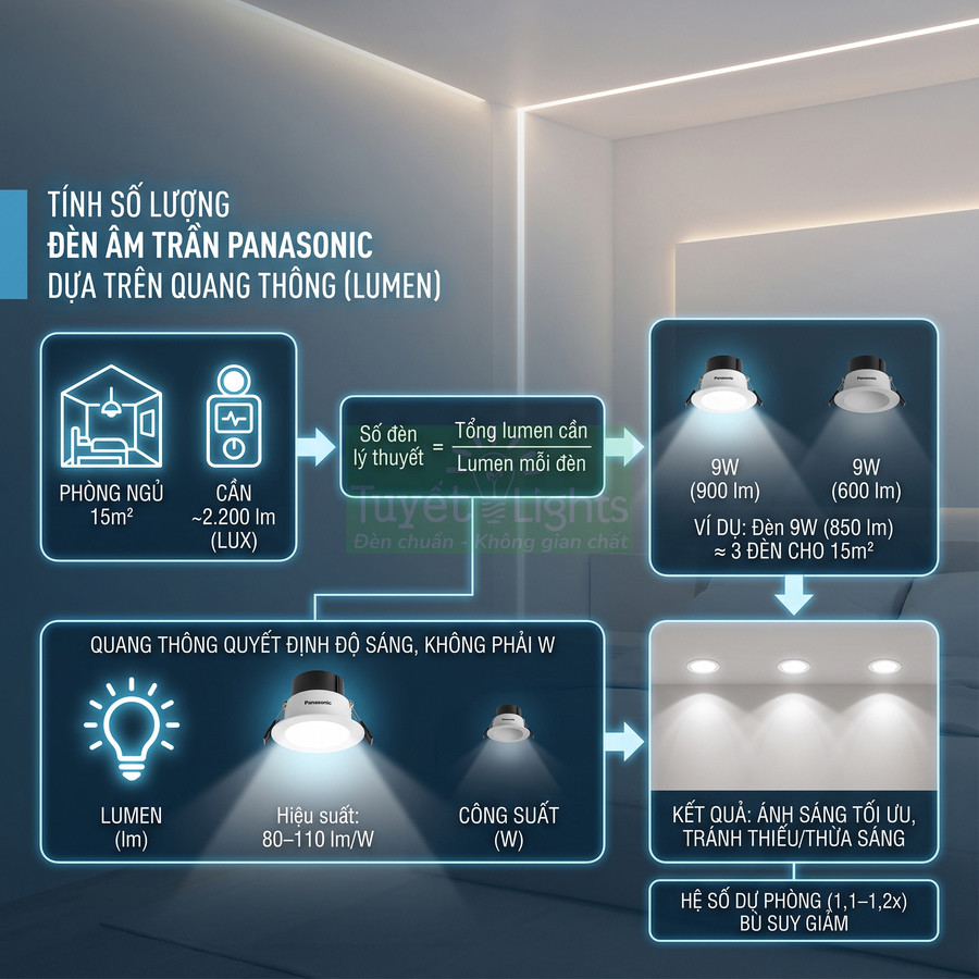 Hướng dẫn tính số lượng đèn âm trần Panasonic theo quang thông lumen cho phòng ngủ 15m2