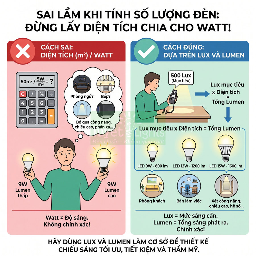Infographic hướng dẫn chọn số lượng đèn LED dựa trên lux và lumen thay vì chia diện tích cho watt