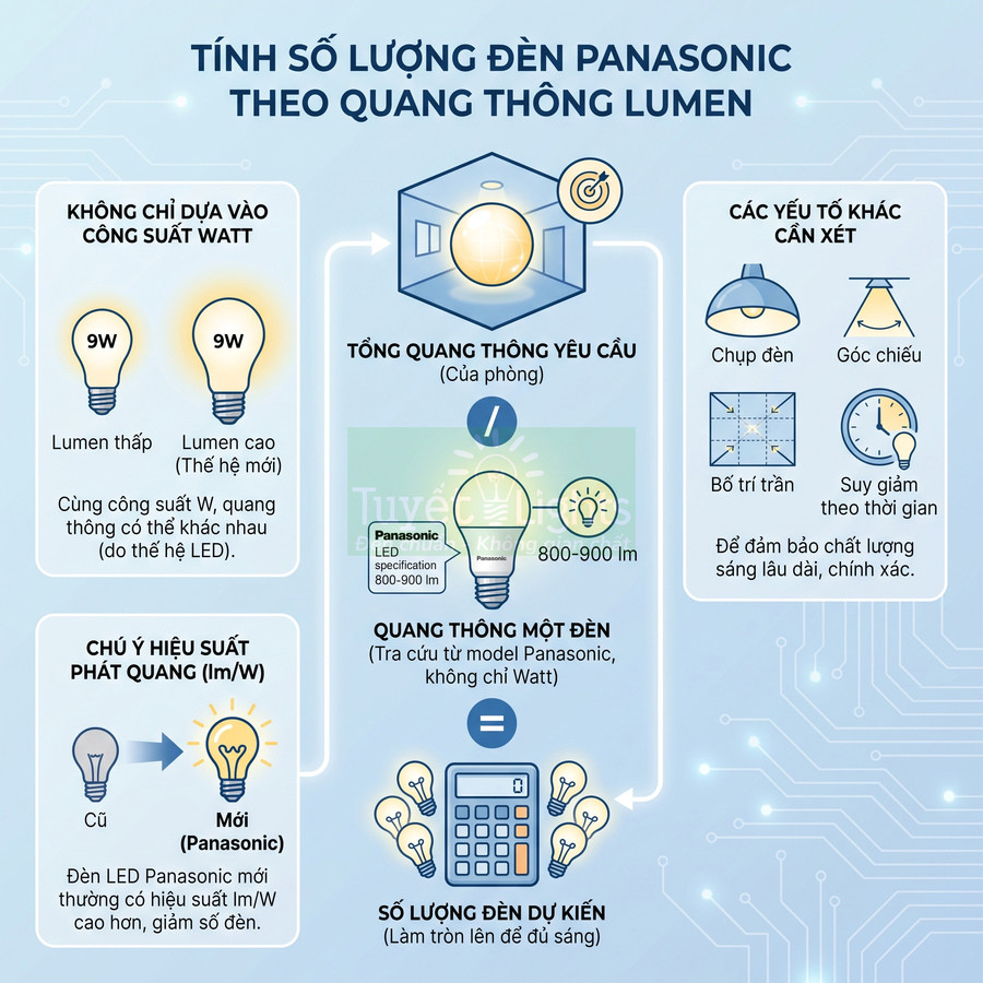 Hướng dẫn tính số lượng đèn LED Panasonic theo quang thông lumen và hiệu suất chiếu sáng