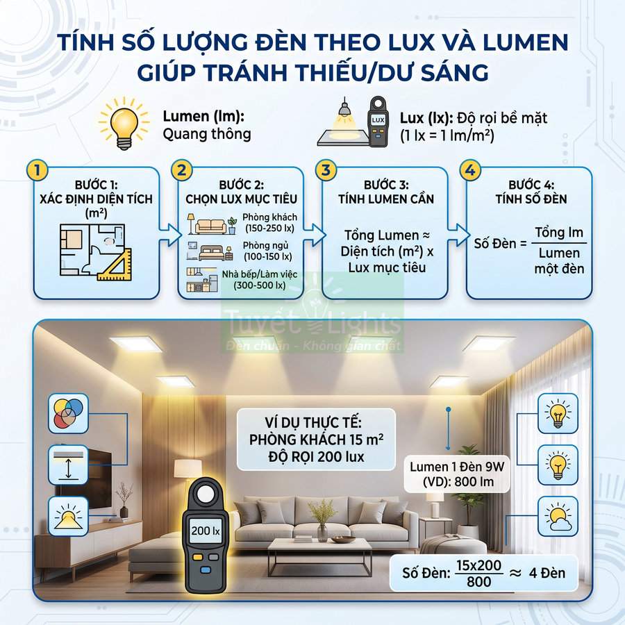 Hướng dẫn tính số lượng đèn theo lux và lumen với ví dụ phòng khách 15m2 dùng đèn LED 9W 800lm