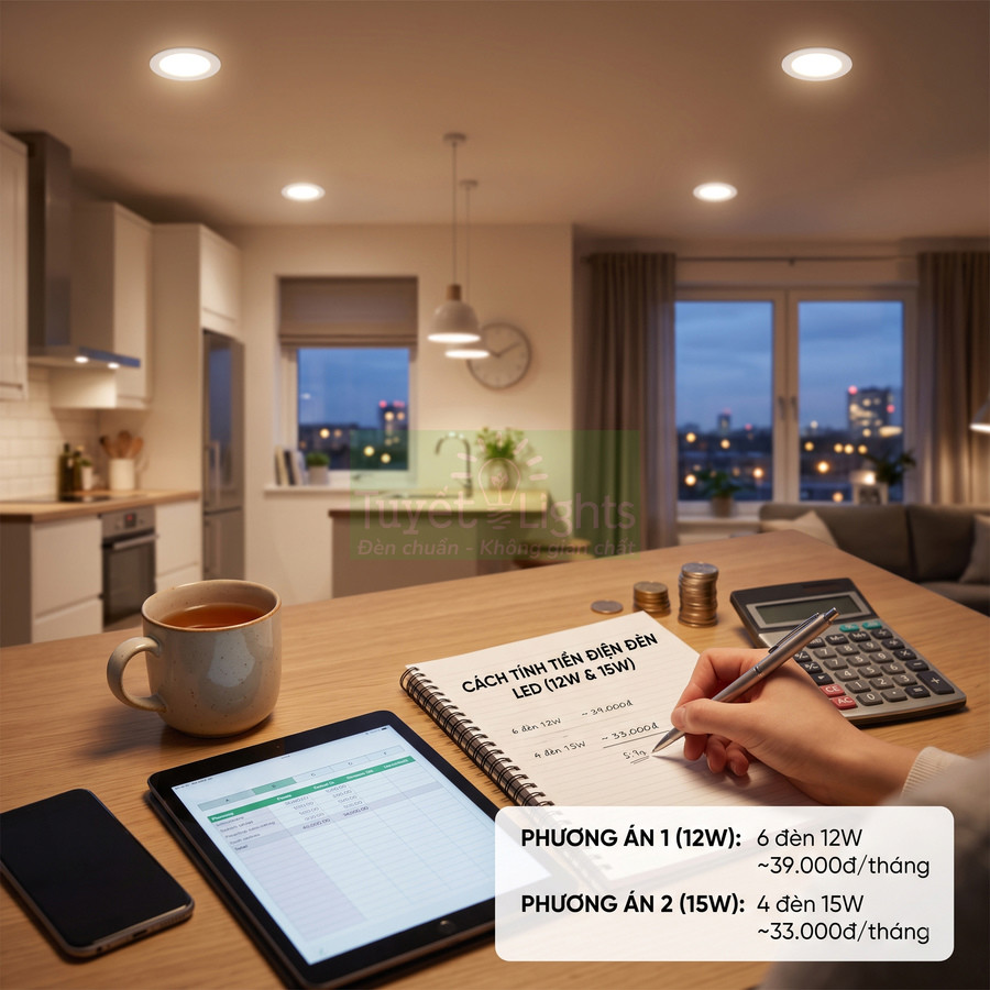 Tính tiền điện cho đèn LED âm trần trong căn bếp hiện đại với sổ tay, máy tính và tablet trên bàn