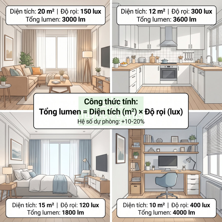 Minh họa công thức tính tổng lumen cho phòng khách, bếp, phòng ngủ và phòng làm việc trong căn hộ hiện đại