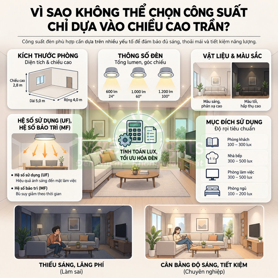 Infographic hướng dẫn chọn công suất đèn LED trần cho phòng khách, bếp, phòng làm việc và phòng ngủ tiết kiệm điện