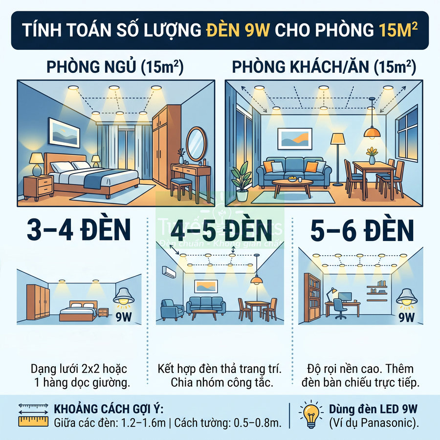 Hướng dẫn bố trí số lượng đèn LED 9W cho phòng ngủ và phòng khách 15m2 với các cách sắp xếp khác nhau