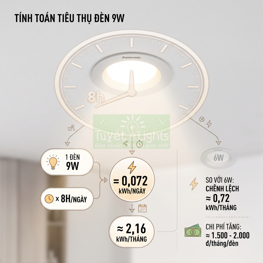 Đèn LED âm trần Panasonic 9W màu trắng kèm bảng tính lượng điện tiêu thụ và chi phí hàng tháng