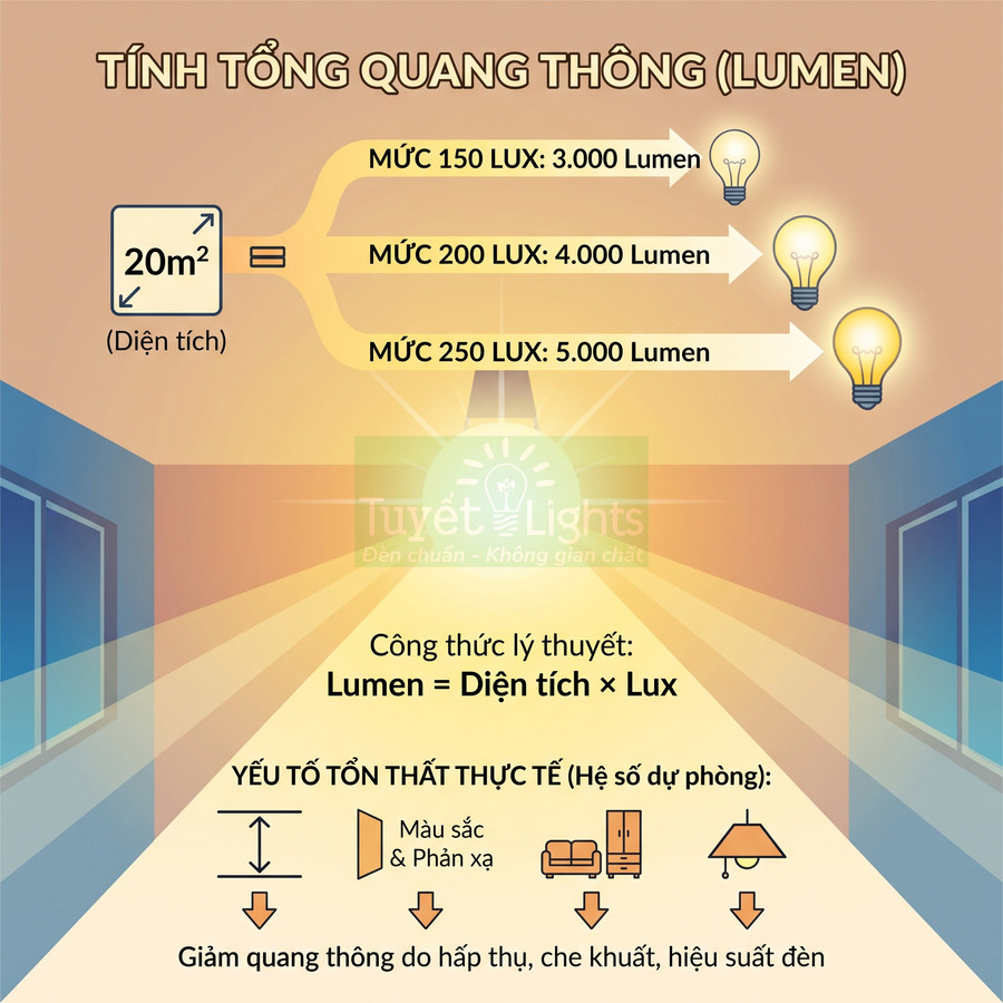 Hướng dẫn tính tổng quang thông lumen cho phòng 20m2 với các mức lux và yếu tố tổn thất ánh sáng