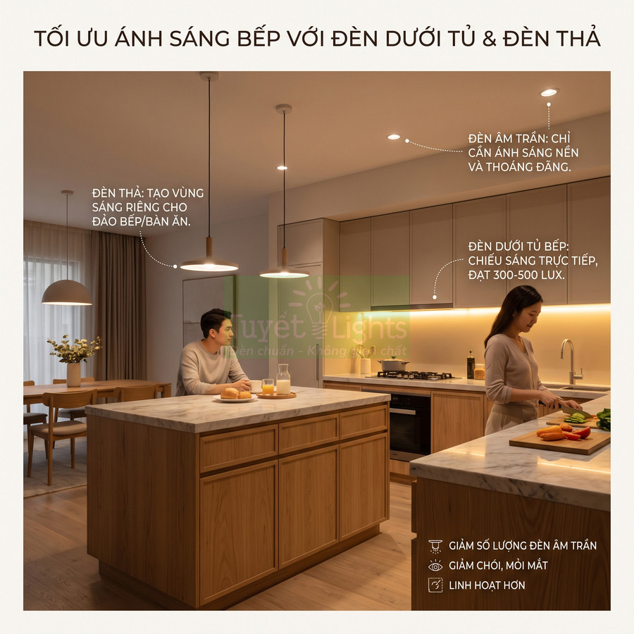 Đèn thả và đèn led dưới tủ bếp Tuyết Lights chiếu sáng đảo bếp và mặt bếp trong không gian bếp hiện đại