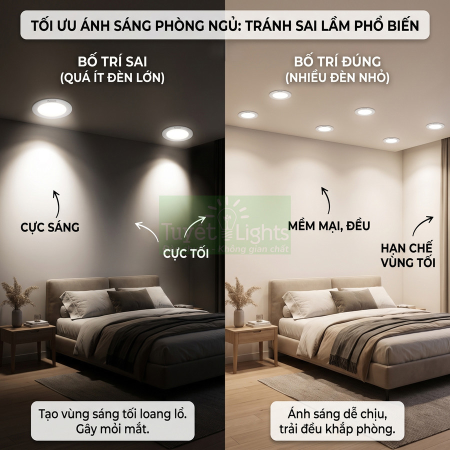 So sánh bố trí đèn âm trần sai và đúng trong phòng ngủ hiện đại, nhấn mạnh ánh sáng đều và dễ chịu