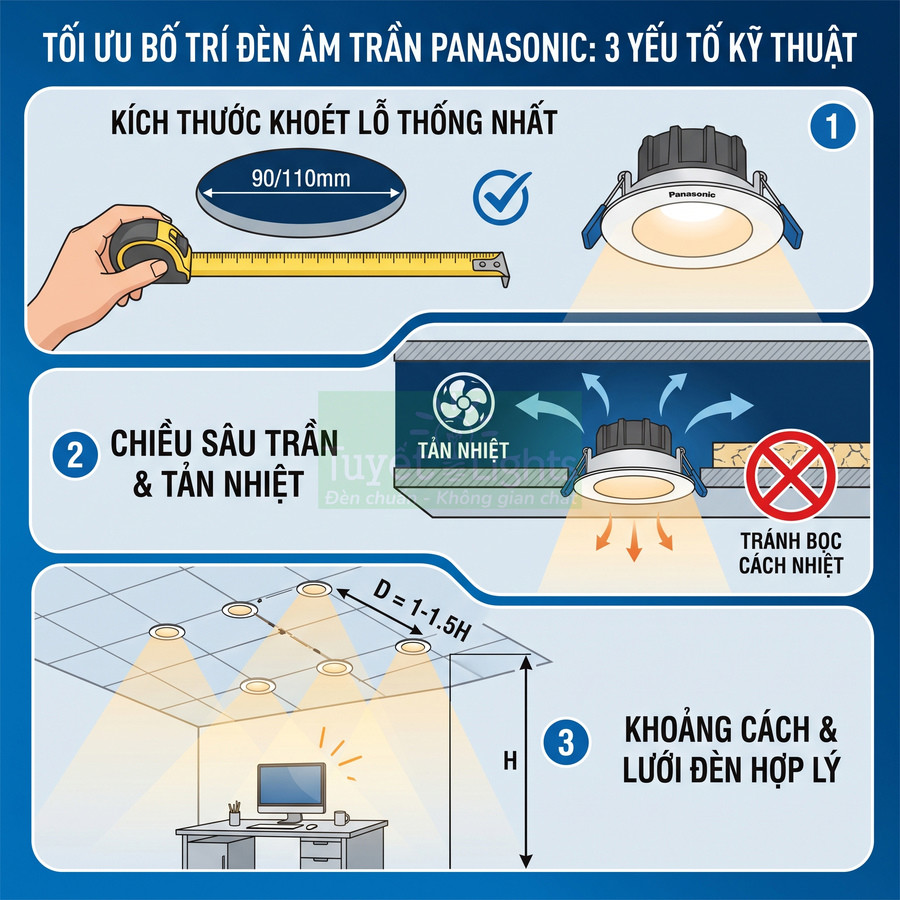 Hướng dẫn bố trí đèn âm trần Panasonic với kích thước khoét lỗ, tản nhiệt và khoảng cách lắp đặt hợp lý